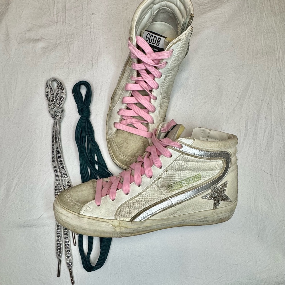 Golden Goose Women's High-Top Sneakers - White and Silver with Pink Laces